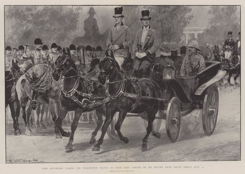 Lord Kitchener che passa davanti alla statua di Wellington a Hyde Park Corner al suo ritorno dal Sudafrica, 12 luglio da Richard Caton Woodville junior