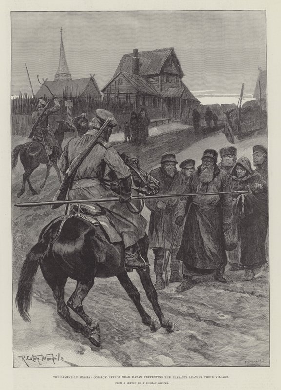 La carestia in Russia, pattuglia cosacca vicino a Kazan che impedisce ai contadini di lasciare il loro villaggio da Richard Caton Woodville junior