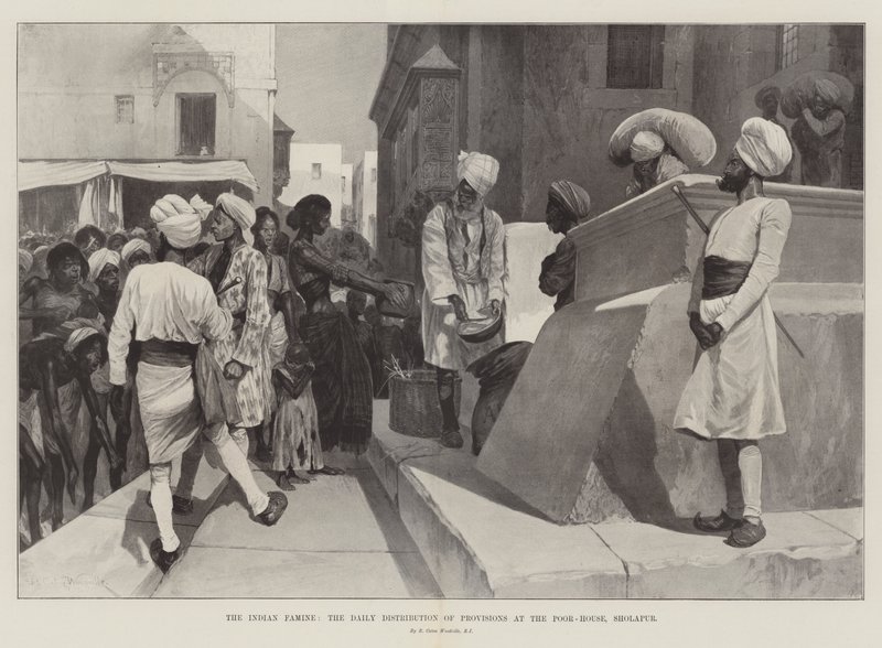 La Carestia Indiana, la Distribuzione Quotidiana di Provviste alla Casa dei Poveri, Sholapur da Richard Caton Woodville junior