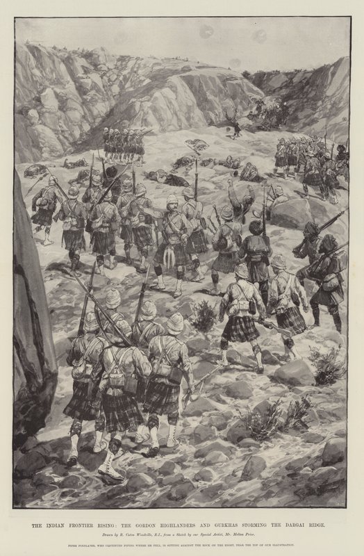 La rivolta della frontiera indiana, gli Highlanders di Gordon e i Gurkha che assaltano il crinale di Dargai da Richard Caton Woodville junior