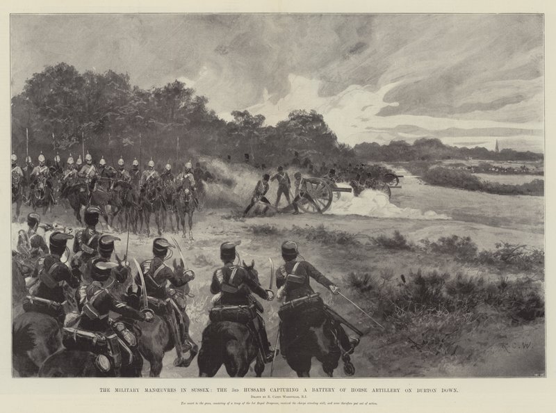 Le manovre militari nel Sussex, i 3rd Hussars catturano una batteria di artiglieria a cavallo a Burton Down da Richard Caton Woodville junior