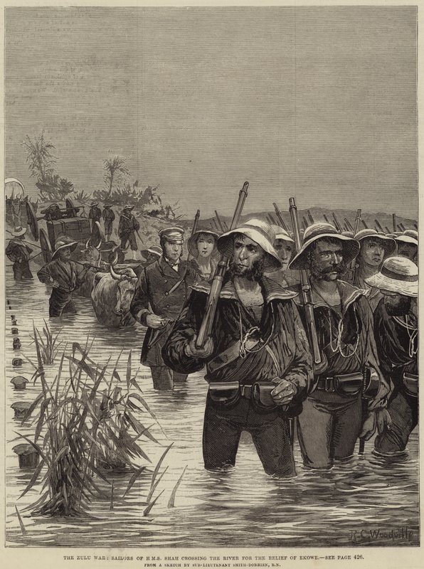 La guerra Zulu, marinai della HMS Shah attraversano il fiume per il soccorso di Ekowe da Richard Caton Woodville junior