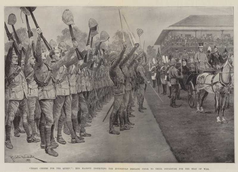 Tre evviva per la regina!, Sua Maestà ispeziona la Household Brigade prima della loro partenza per il fronte da Richard Caton Woodville junior