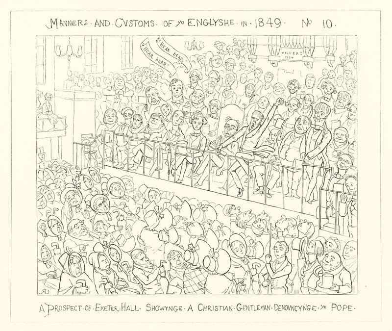 1849, Una prospettiva di Exeter Hall con un Gentiluomo Cristiano che denuncia il Papa da Richard Doyle