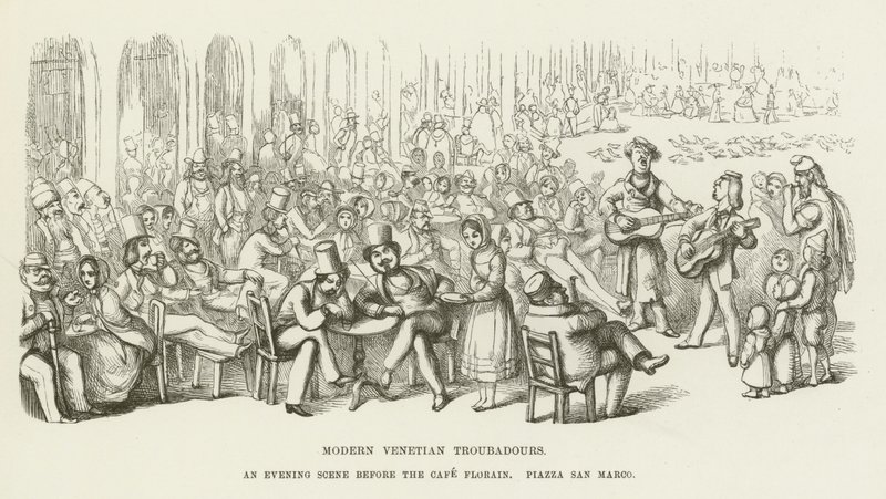 Trovatori veneziani moderni, una scena serale davanti al Caffè Florian, Piazza San Marco da Richard Doyle