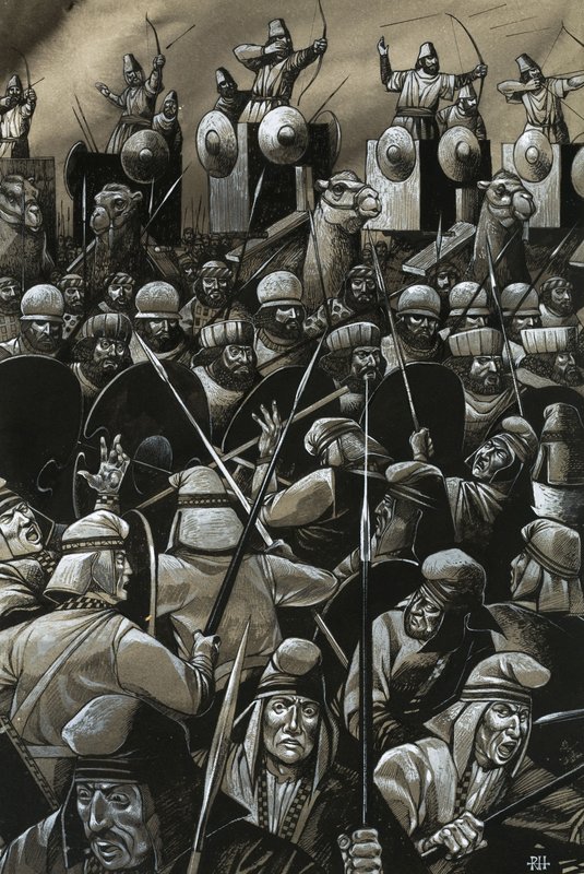 Battaglia non identificata con spadaccini e arcieri da Richard Hook
