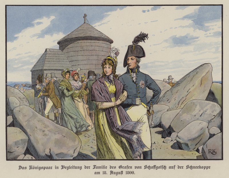 Re Federico Guglielmo III e la regina Luisa di Prussia in compagnia della famiglia del conte von Schaffgotsch sullo Schneekoppe, agosto 1800 da Richard Knotel