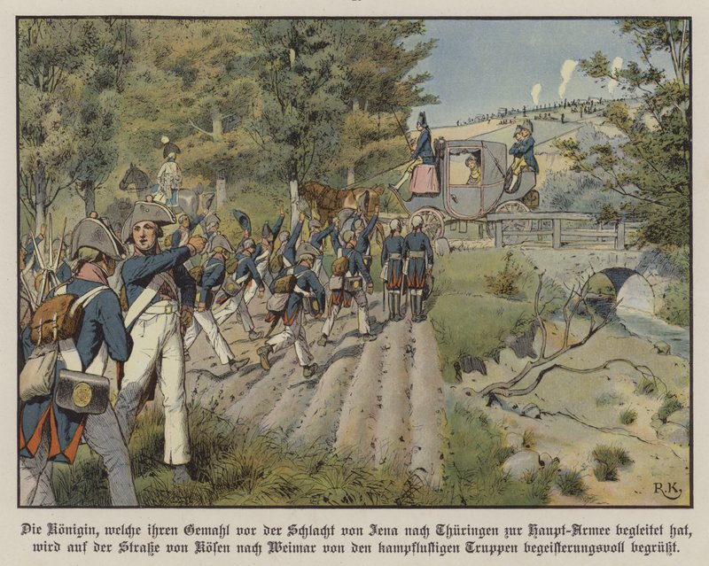 Soldati prussiani che salutano la regina Louise di Prussia mentre passa sulla strada da Kosen a Weimar da Richard Knotel