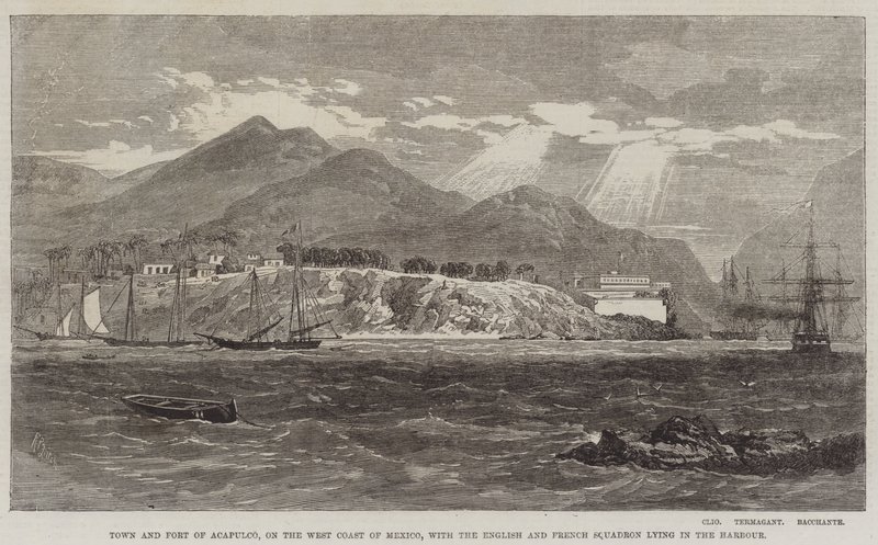 Città e forte di Acapulco, sulla costa occidentale del Messico, con la squadra inglese e francese nel porto da Richard Principal Leitch