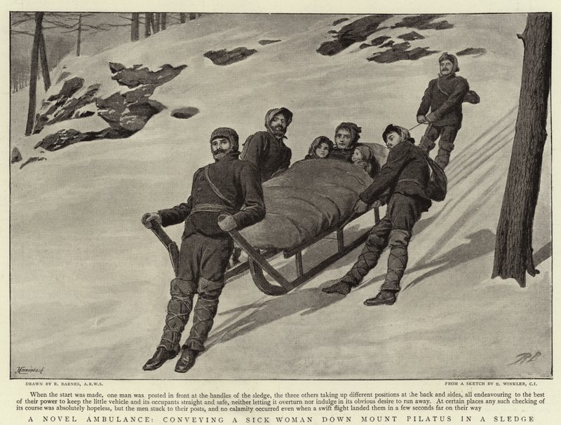 Una nuova ambulanza, trasportando una donna malata giù dal Monte Pilatus su una slitta da Robert Barnes
