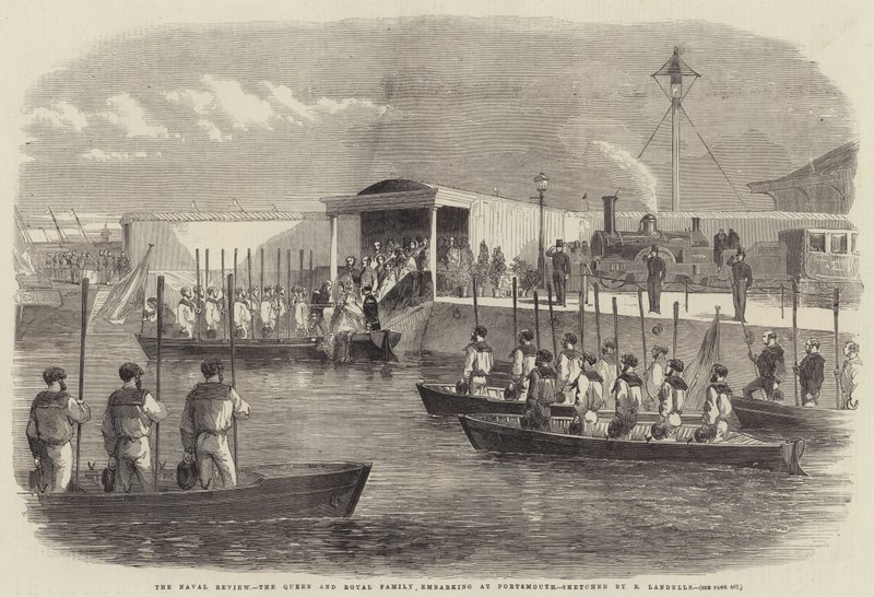 La rassegna navale, la Regina e la Famiglia Reale che si imbarcano a Portsmouth da Robert Thomas Landells