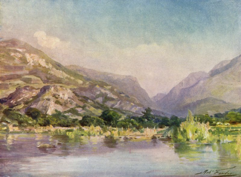 Sul fiume Seiont, Carnarvonshire, bagliore serale (litografia colorata) da Robert (after) Fowler