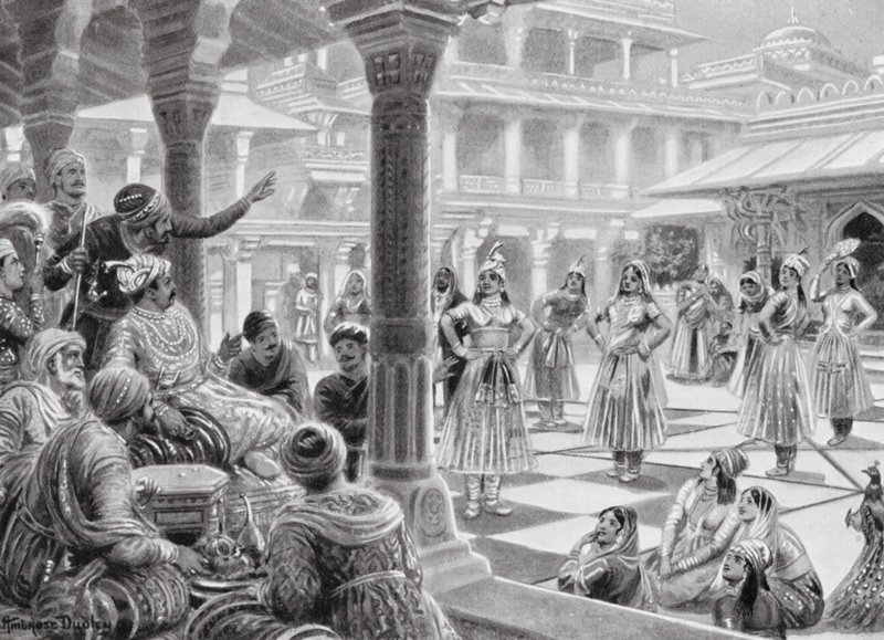 Akbar gioca a dama con pezzi viventi a Fatehpur Sikri da Robert Ambrose Dudley