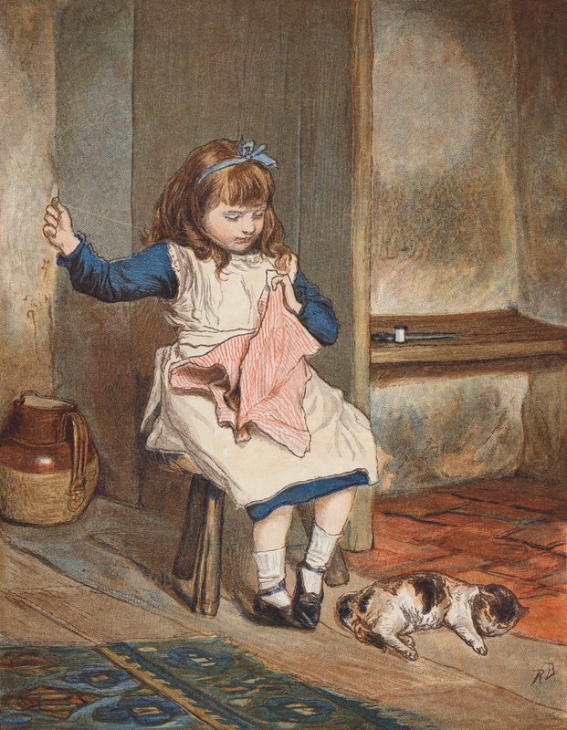 Ragazza che cuce con un gatto ai suoi piedi da Robert Barnes