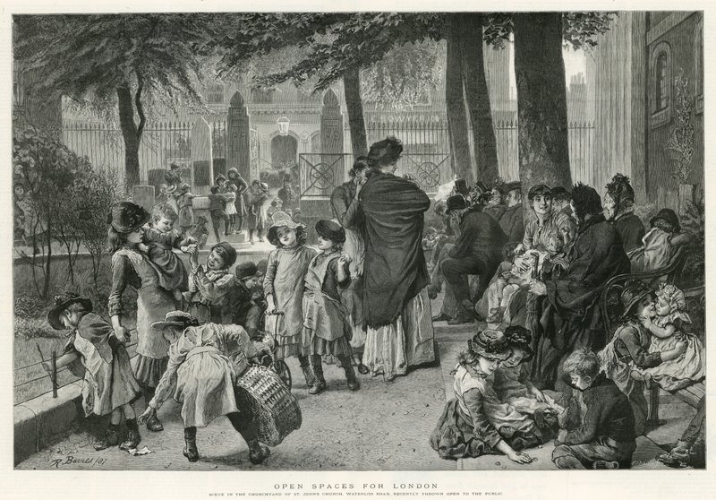 Scena nel cimitero della chiesa di San Giovanni, Waterloo Road (incisione) da Robert Barnes