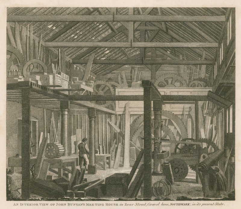 Vista interna della casa di riunione di John Bunyan in Zoar Street, Gravel Lane, Southwark, nel suo stato attuale da Robert Blemell Schnebbelie