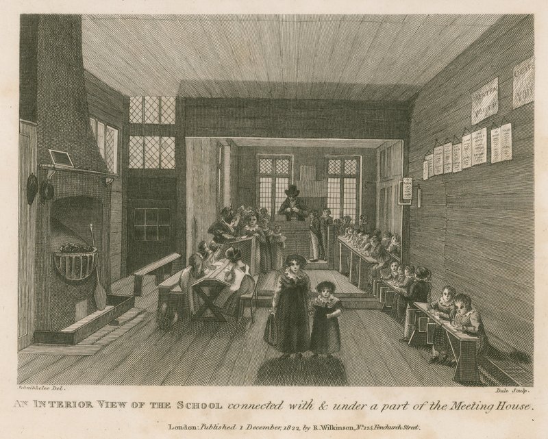 Una vista interna della scuola collegata e sotto una parte di quella che era la casa di riunione di John Bunyan da Robert Blemell Schnebbelie