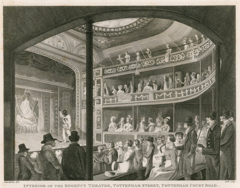 Interno del Teatro Regency, Tottenham Street, Tottenham Court Road, Londra da Robert Blemell Schnebbelie