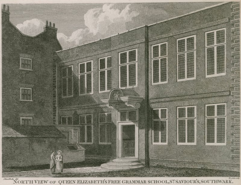 Vista nord della Free Grammar School di Queen Elizabeth, St Saviour