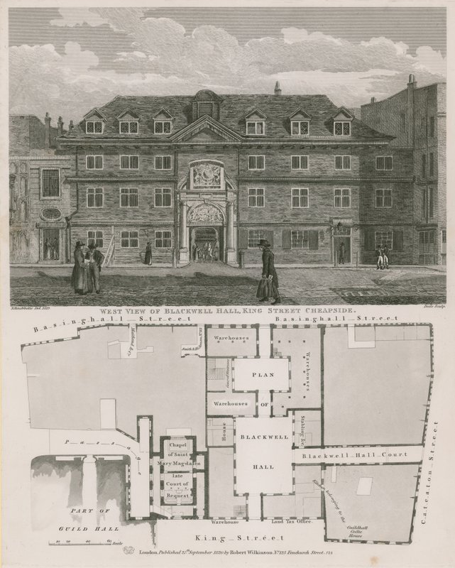 Vista ovest di Blackwell Hall, King Street, Cheapside da Robert Blemell Schnebbelie
