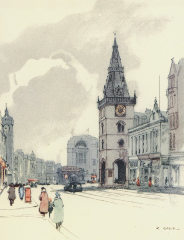 Glasgow: Il Tolbooth e il Tron Steeple (litografia a colori) da Robert Eadie