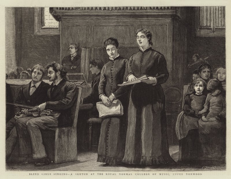 Ragazze cieche che cantano, uno schizzo al Royal Normal College of Music, Upper Norwood da Robert Walker Macbeth
