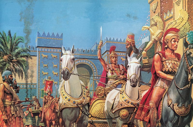 Alessandro Magno, in groppa al suo carro, cavalca in trionfo verso Babilonia (litografia a colori) da Roger Payne