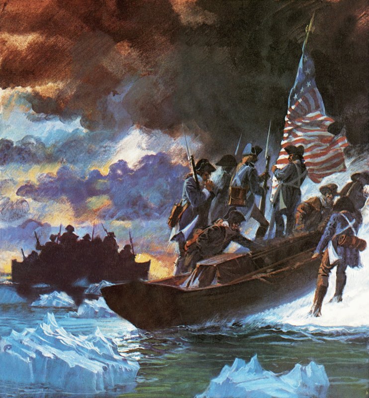 George Washington e i suoi uomini attraversano il fiume Delaware semi-congelato da Roger Payne