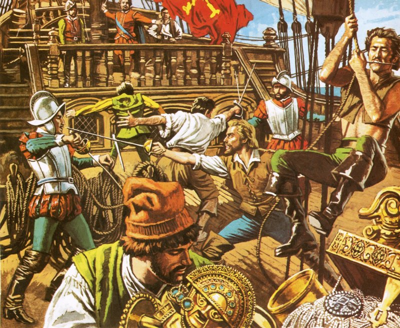 Sir Francis Drake attacca gli spagnoli da Roger Payne