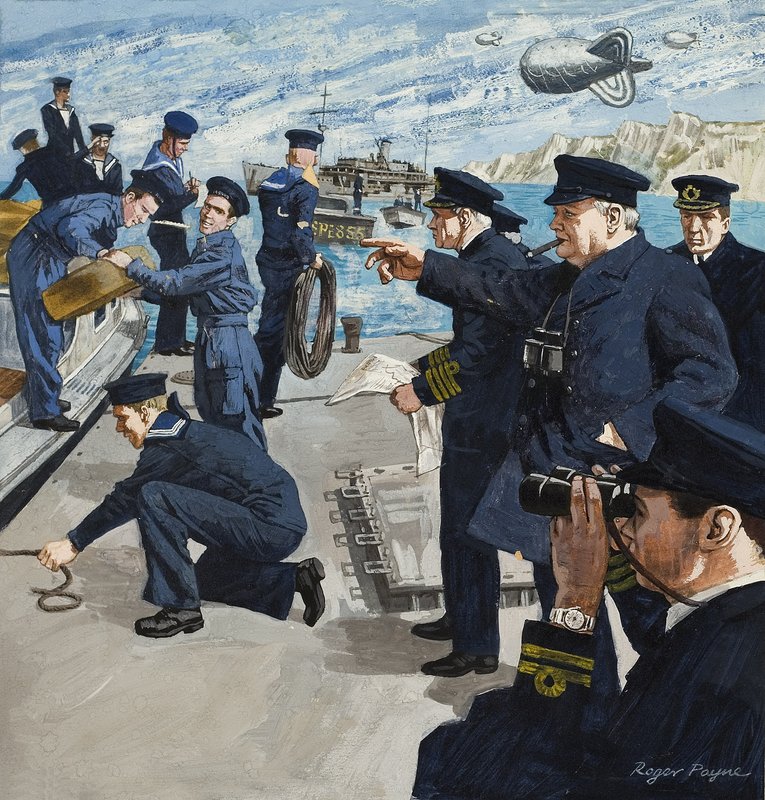 Winston Churchill (1874-1965) in scena navale (guazzo su carta) da Roger Payne
