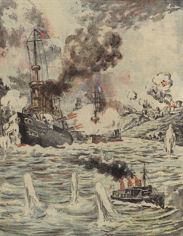 Navi da guerra britanniche e francesi bombardano le posizioni turche nei Dardanelli, 1915 da Romanian School