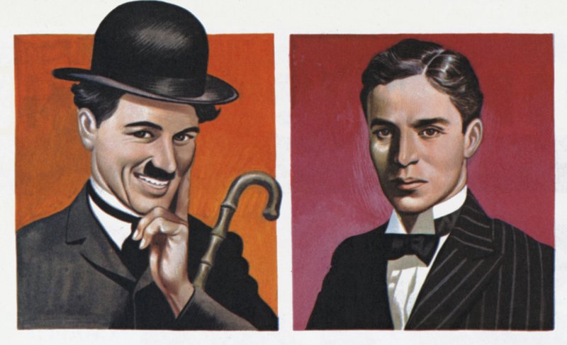 Charlie Chaplin, in costume e come era realmente (litografia a colori) da Ron Embleton