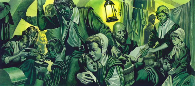 Condizioni di affollamento sul Mayflower (gouache su carta) da Ron Embleton