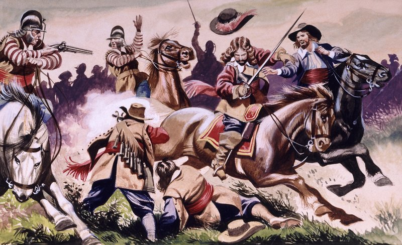 Scena di battaglia della guerra civile inglese da I figli della foresta nuova da Ron Embleton