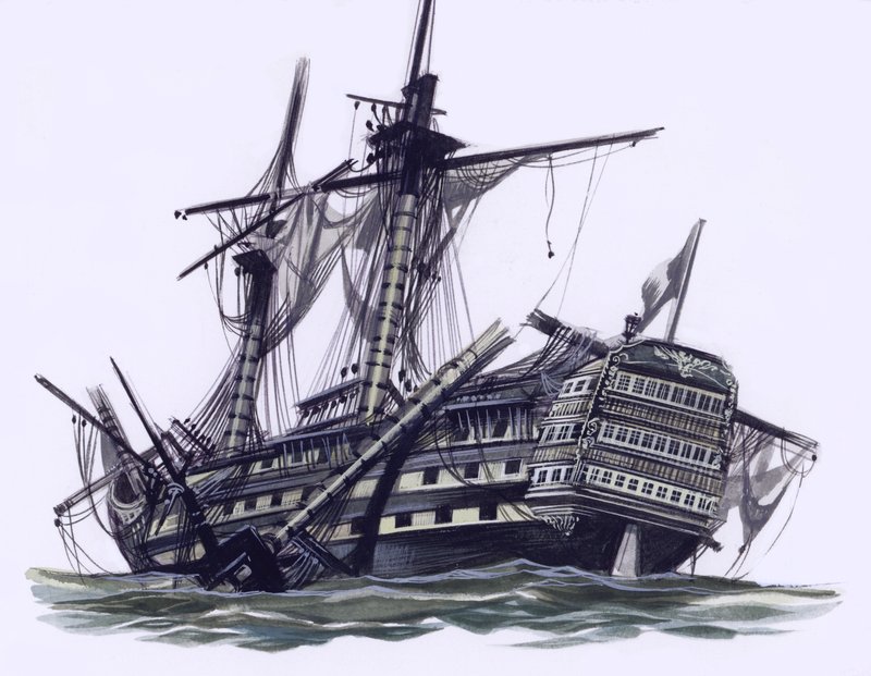 HMS Victory dopo la battaglia di Trafalgar, con l