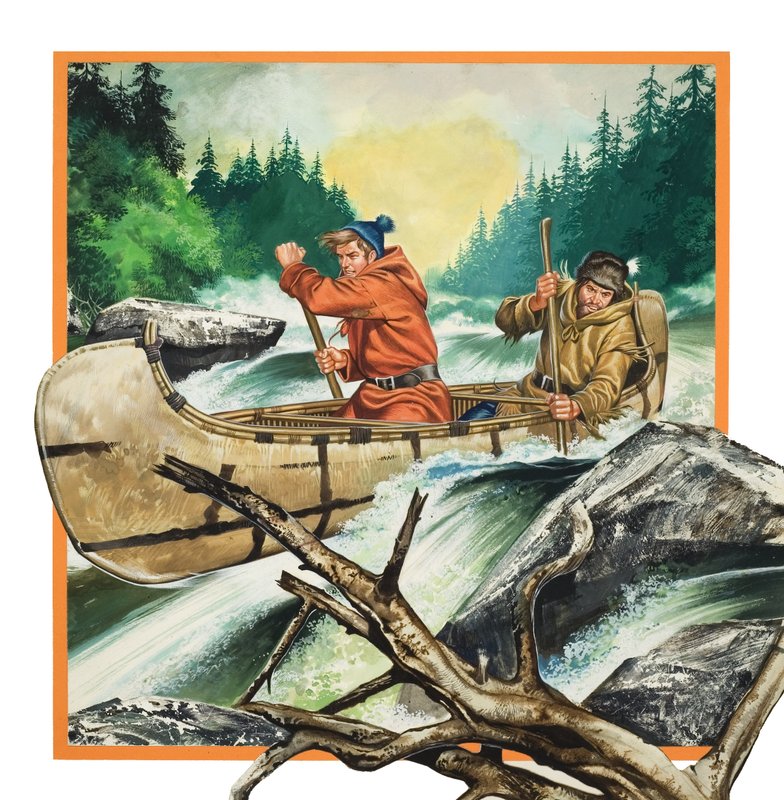 Jack London (1876-1917) in viaggio in canoa (gouache su carta) da Ron Embleton