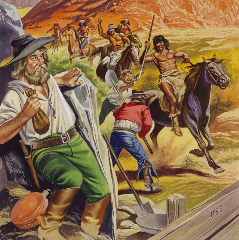 Jacob Waltz e il suo amico attaccati dagli indiani Apache (gouache su carta) da Ron Embleton