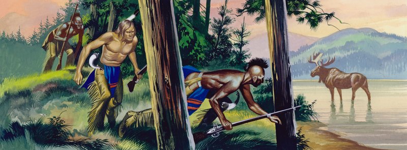 Indiani nativi americani che inseguono un alce (gouache su carta) da Ron Embleton