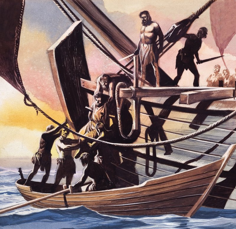 Pirati che prendono un prigioniero (guazzo su carta) da Ron Embleton