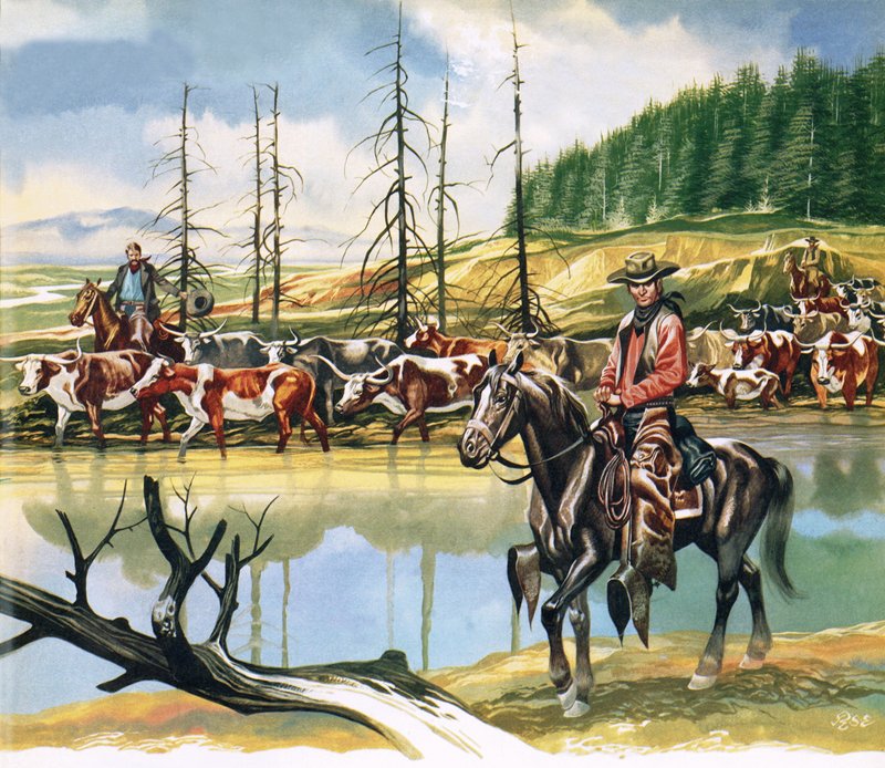 Cowboy texani che guidano il bestiame verso nord da Ron Embleton