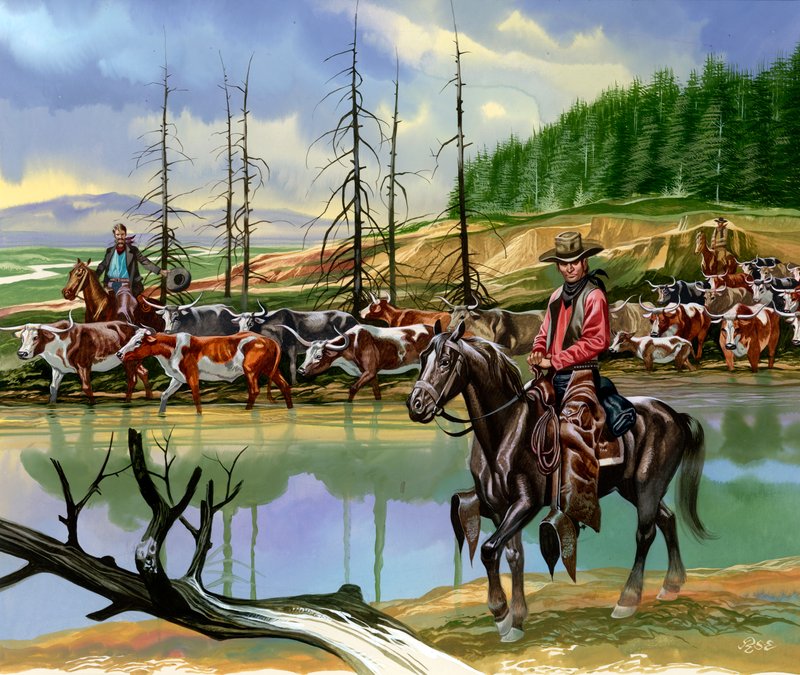 Cowboy texani che guidano il bestiame verso nord da Ron Embleton