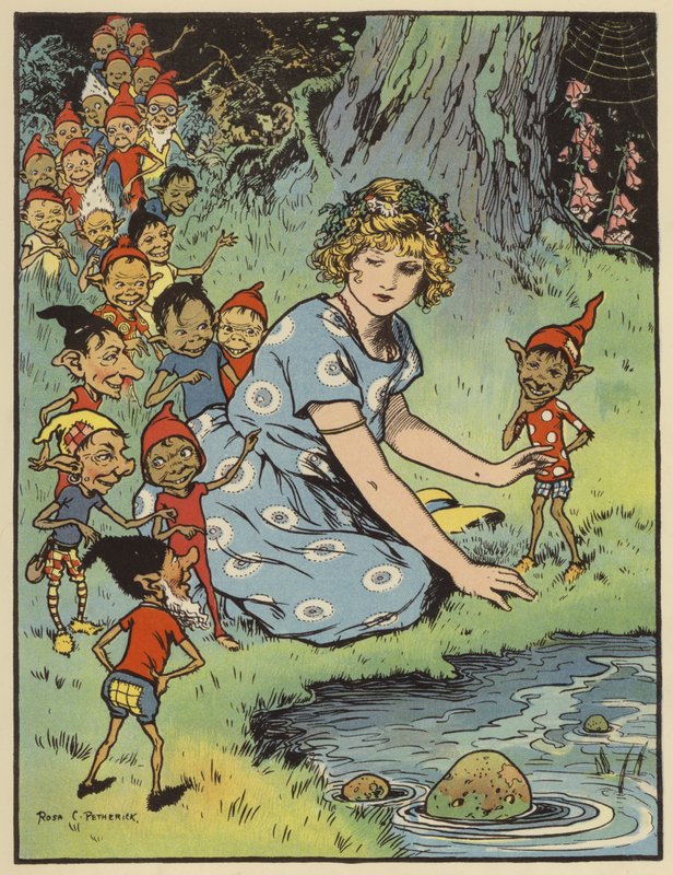 Ragazza circondata da folletti (litografia a colori) da Rosa Petherick