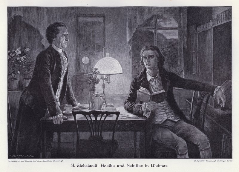 Scrittori tedeschi Friedrich Schiller e Johann Wolfgang von Goethe a Weimar (incisione) da Rudolf Eichstaedt