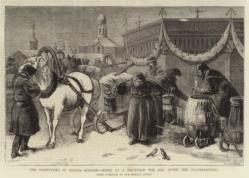 Le Festività in Russia, Mosca, Scena a una Fontana il Giorno dopo le Illuminazioni da Samuel Edmund Waller