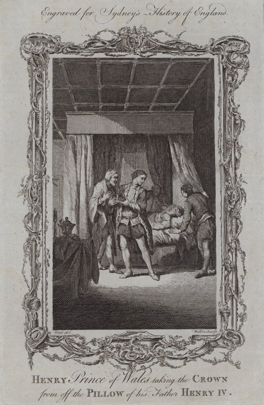 Enrico Principe di Galles che prende la corona dal cuscino di suo padre Enrico IV (incisione) da Samuel (after) Wale