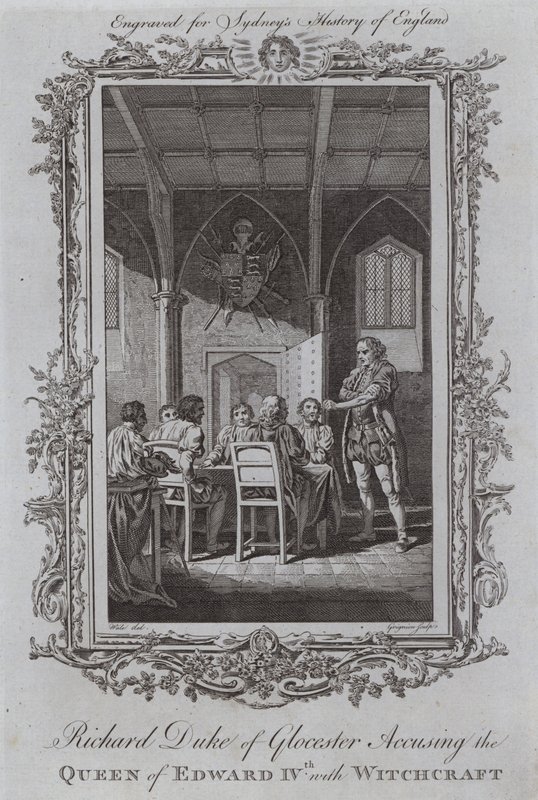 Riccardo Duca di Gloucester accusa la regina di Edoardo IV di stregoneria (incisione) da Samuel (after) Wale