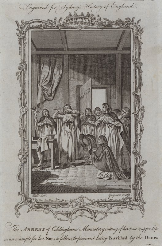 La badessa del monastero di Coldingham si taglia il naso e il labbro superiore come esempio per le sue suore per evitare di essere violentate dai Danesi (incisione) da Samuel (after) Wale