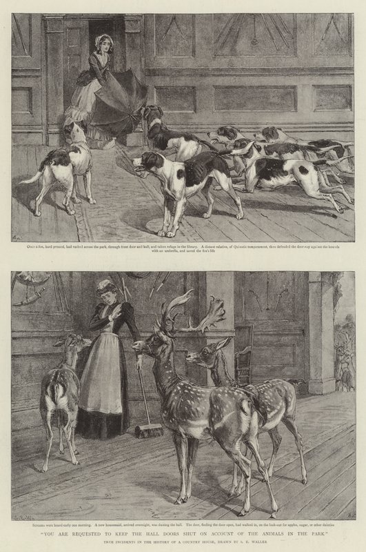 Si prega di tenere chiuse le porte della sala a causa degli animali nel parco (litografia) da Samuel Edmund (after) Waller
