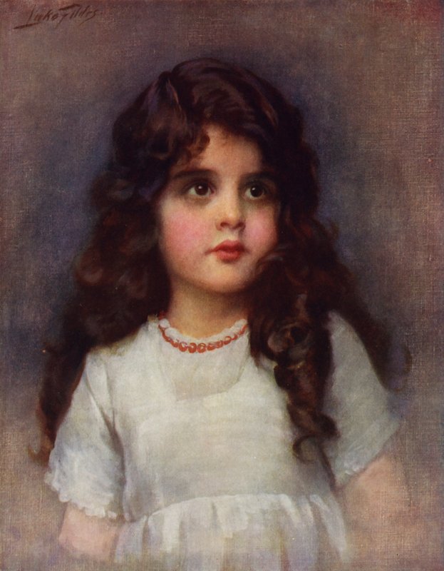 Riccioli: ritratto di una giovane ragazza carina con lunghi capelli ricci scuri da Samuel Luke (after) Fildes