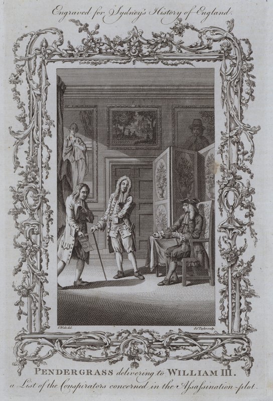 Pendergrass consegna a Guglielmo III una lista dei cospiratori coinvolti nel complotto di assassinio da Samuel Wale